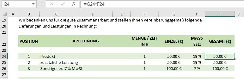 Summenformel im Rechnungsformular