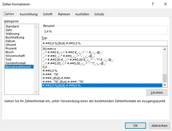 Benutzerdefiniertes Format für Prozentabweichungen