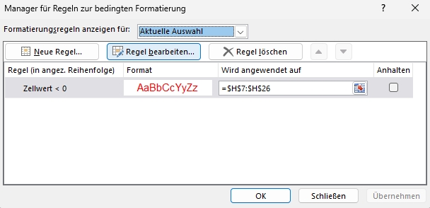 Manager für die Regeln zur bedingten Formatierung
